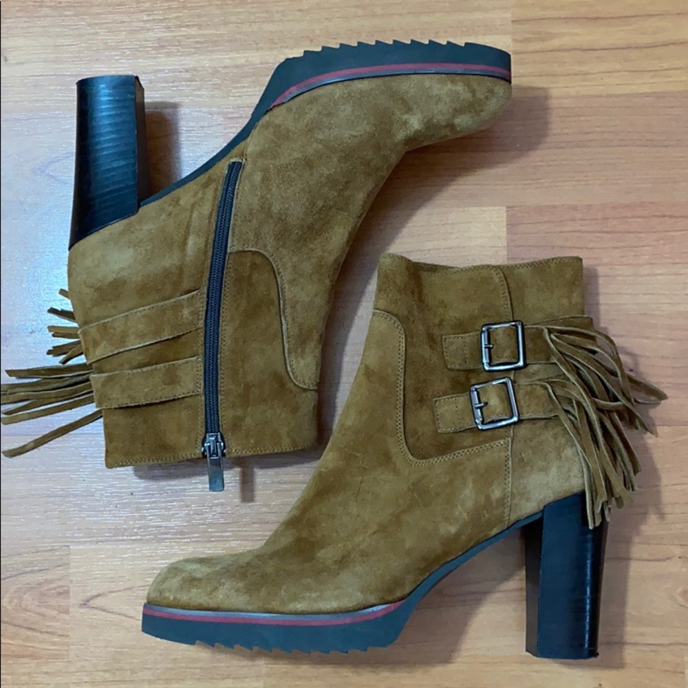 Suede Fringe Ankle Boot Booties Block Heel 39 - image 1
